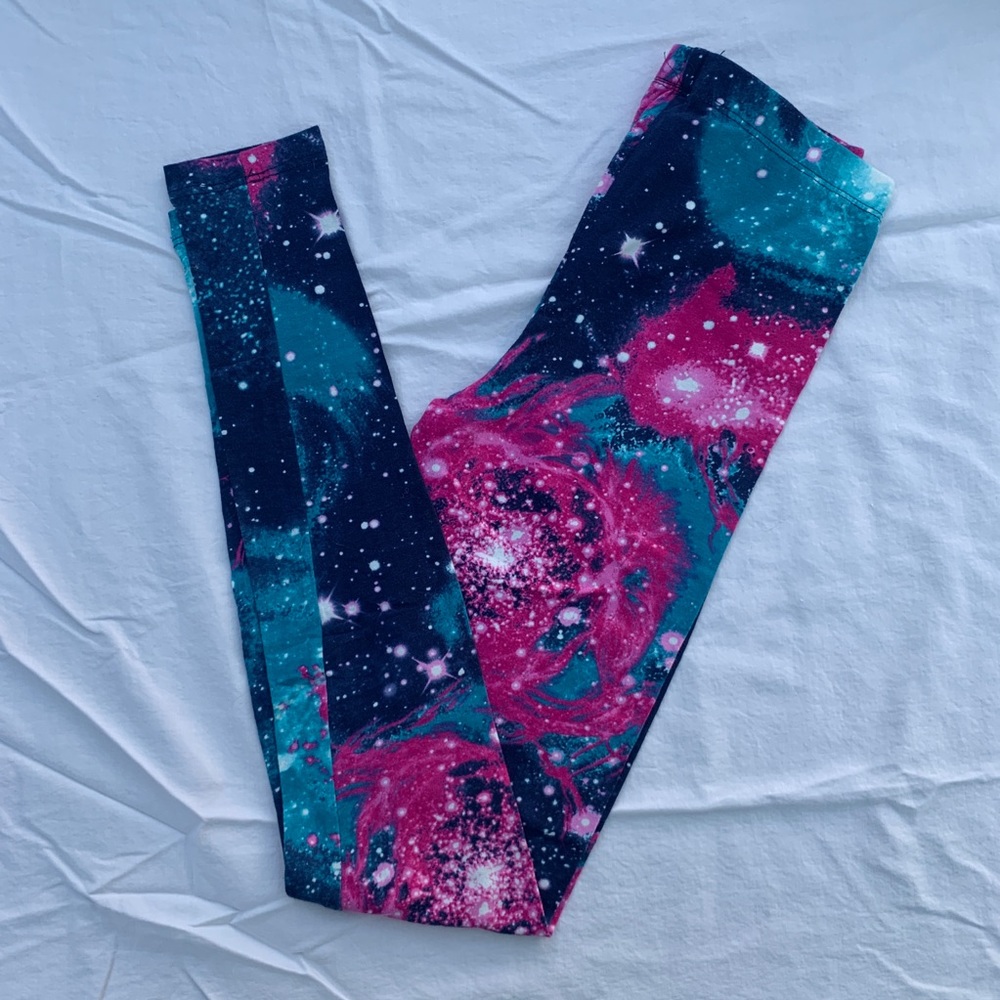 Wet Seal pink & blue galaxy leggings